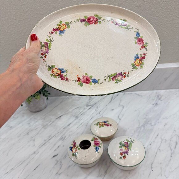 Antique English Earthenware Vanity Tray with Hair Receiver/Vanity bowl Set - Picture 8 of 17